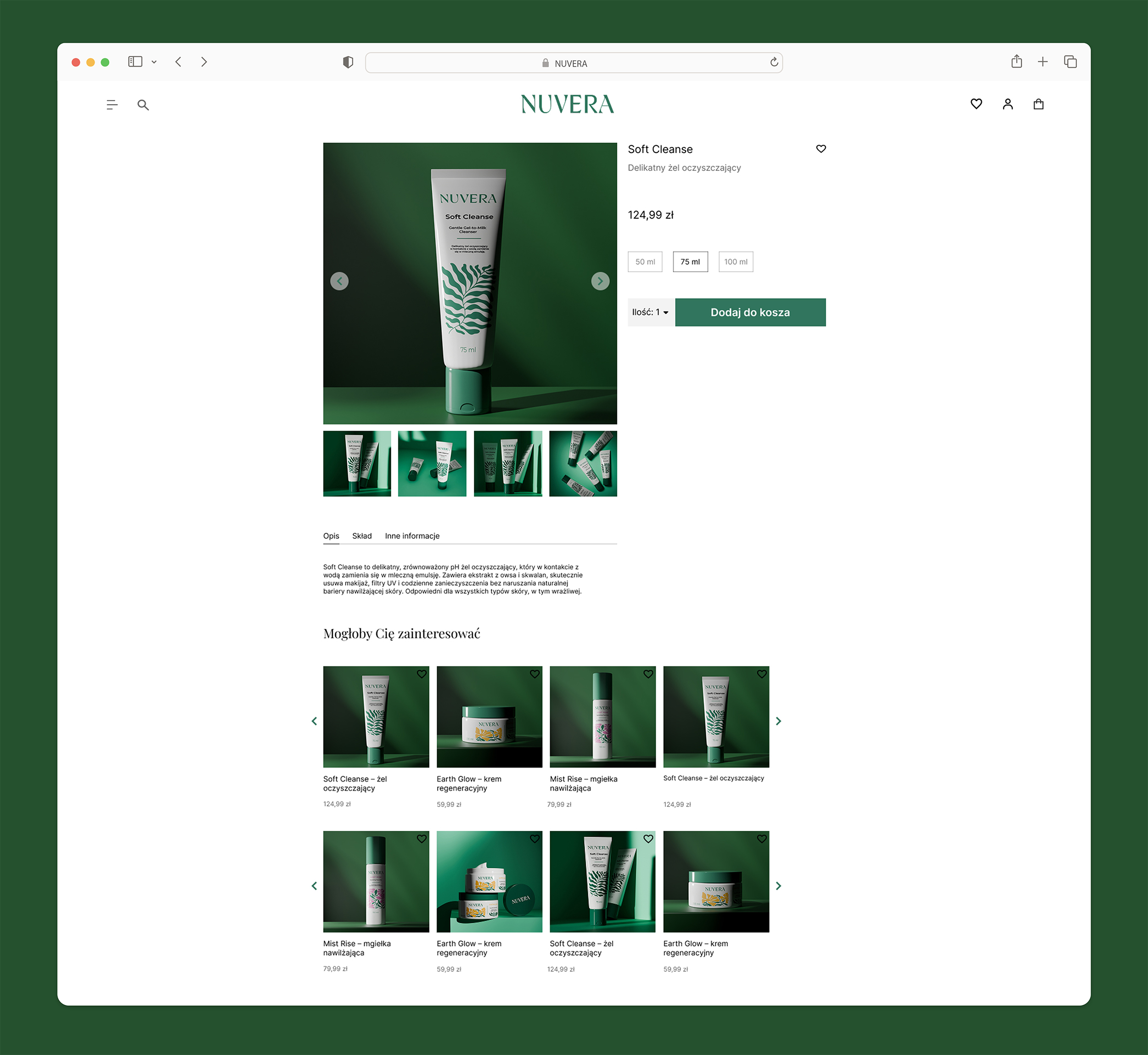 Nuvera — Widok karty produktu z galerią i wyborem pojemności